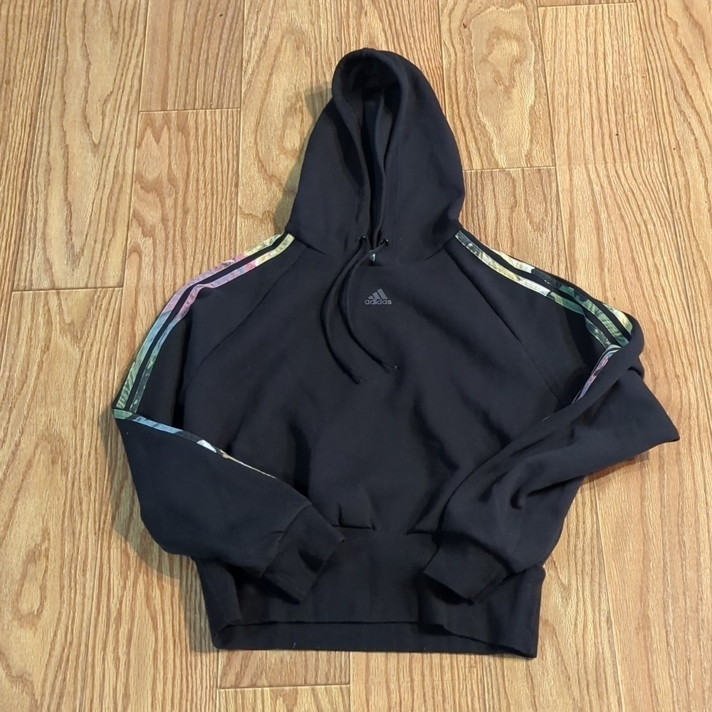 Adidas Women's Essentials 2 Allover Print Hoodie black w/ prism logo, women's M